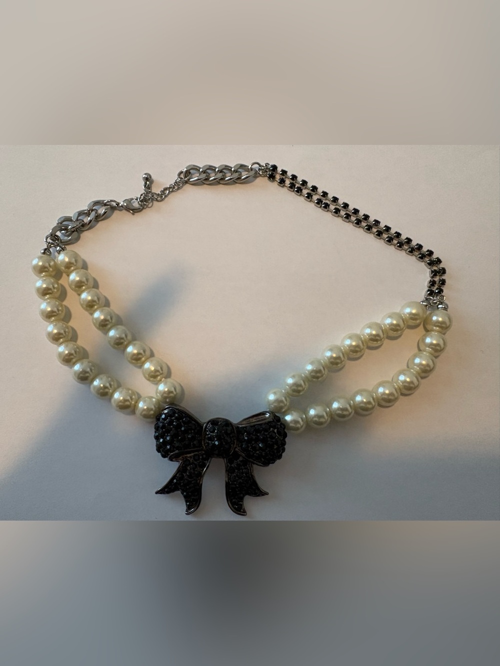 Pearl Double-Strand Necklace with Black Crystal Bow - 16 inches